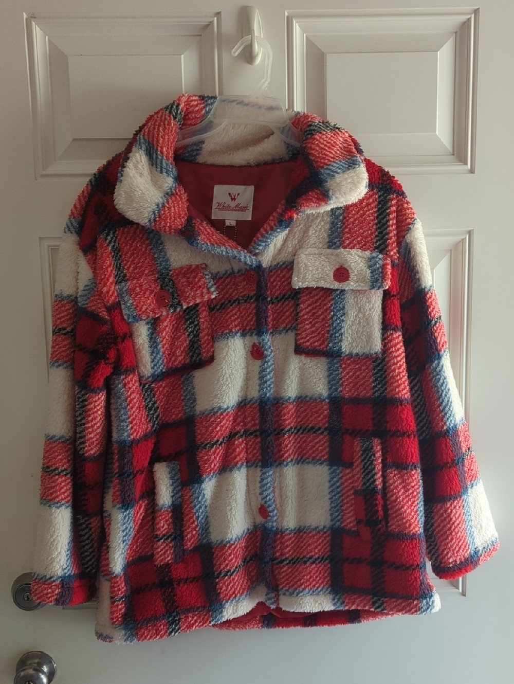 Woolrich Red Plaid Sherpa Shacket with Blue Accents